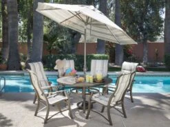 Woodard Aluminum Deluxe 54'' Round Trellis Top Table With Umbrella Hole -Patio Vibe Store WRCRTLNDPDSLNGDINSET1 zm